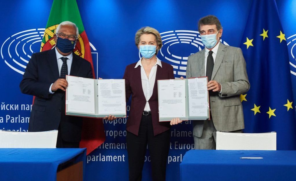 António Costa, Ursula von der Leyen and David Sassoli.